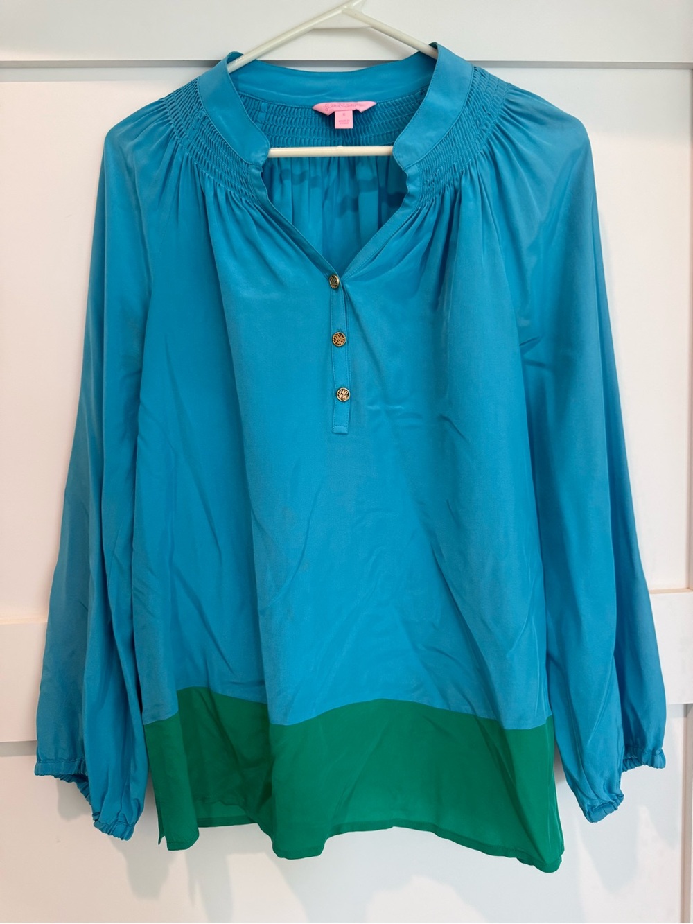 Turquoise and Green Colorblock Long Sleeve Blouse - Lilly Pulitzer